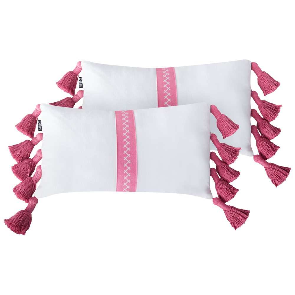 foto del prodotto set di 2 cuscini decorativi rosa bianco cotone 30 x 50 cm con frange cuscino moderno rettangolare accessori decorativi boho