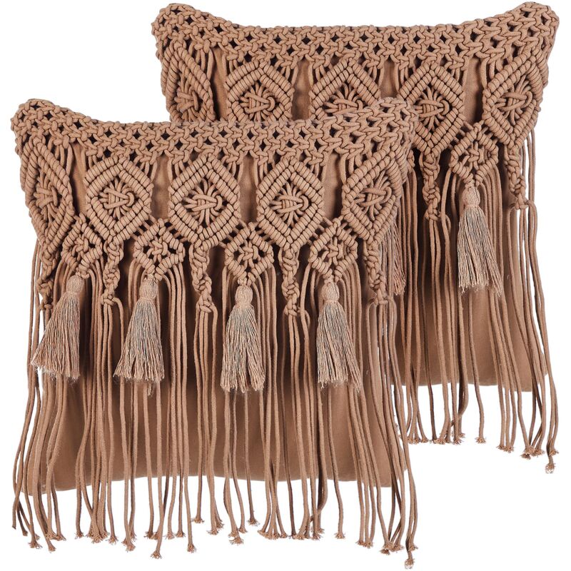 foto del prodotto set di 2 cuscini in cotone eacrame con motivo intrecciato marrone e frange 45 x 45 cm bamian