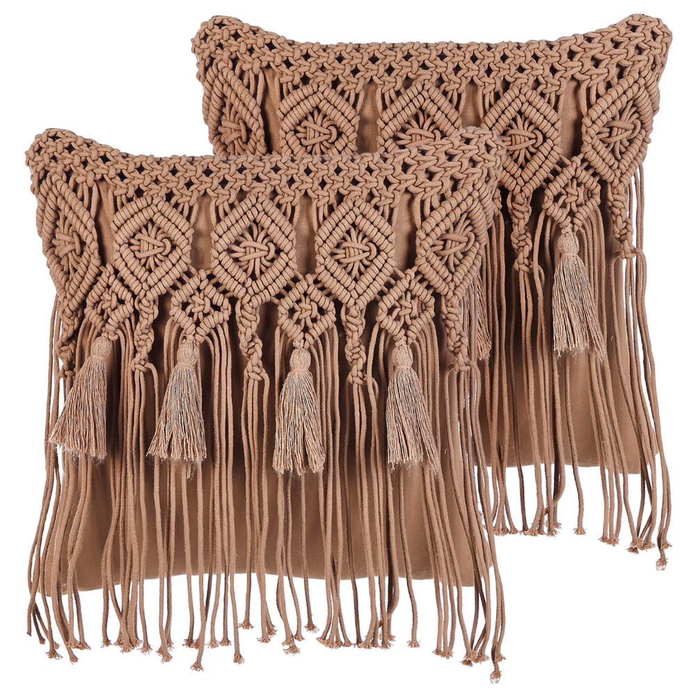 foto del prodotto set di 2 cuscini in cotone eacrame con motivo intrecciato marrone e frange 45 x 45 cm stile boho eleganti