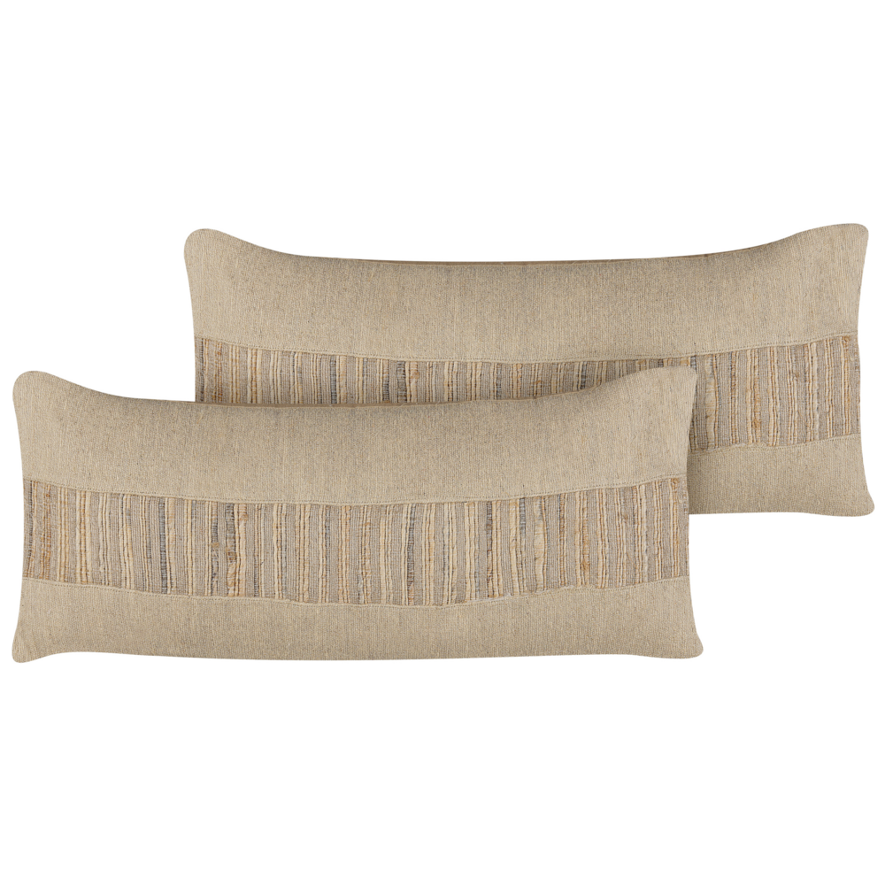 foto del prodotto set di 2 cuscini in iuta con imbottitura sfoderabile e nappe decorative a tinta unita beige 30 x 70 cm decorativi boho