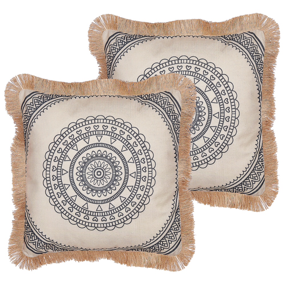 foto del prodotto set di 2 cuscini in tessuto di poliestere beige e nero 45 x 45 cm fodera con nappe divano soggiorno camera da letto