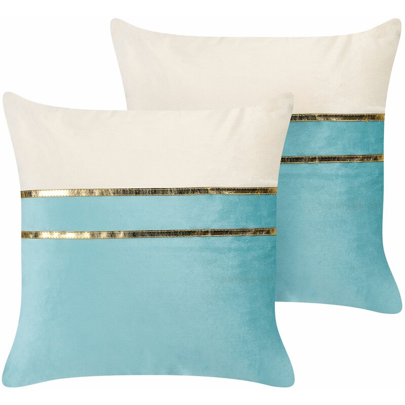 foto del prodotto set di 2 cuscini in velluto blu e beige con dettagli dorati 45 x 45 cm glamour allium