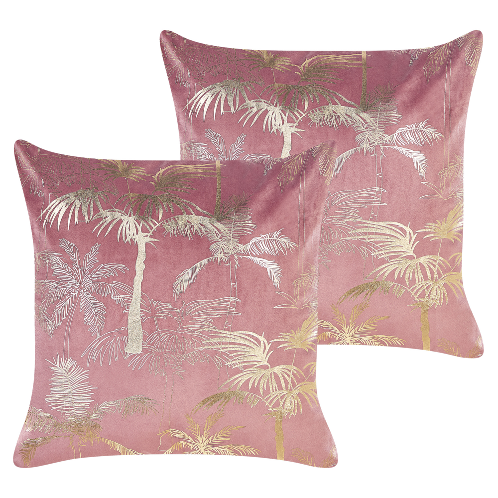 foto del prodotto set di 2 cuscini in velluto con motivo a palme rosa e oro 45 x 45 cm divano soggiorno camera da letto