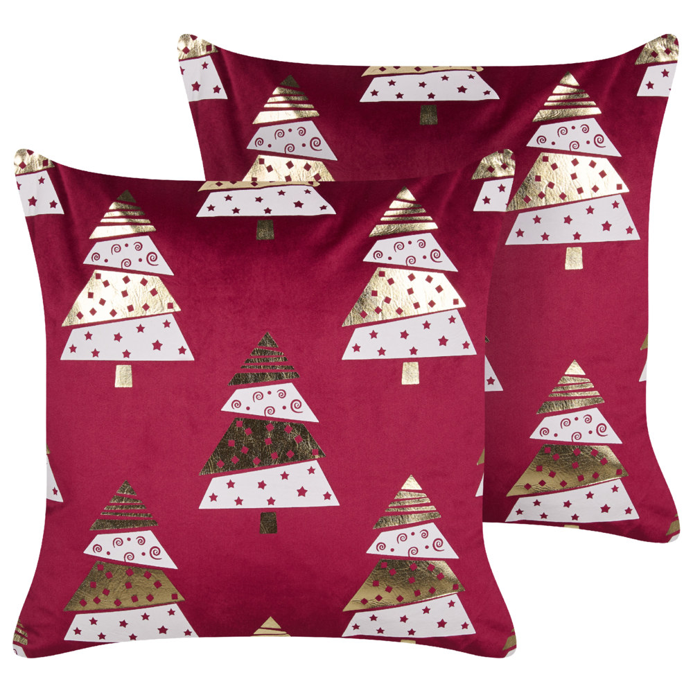 foto del prodotto set di 2 cuscini in velluto con stampa alberi di natale rosso sfoderabili 45 x 45 cm soggiorno camera da letto