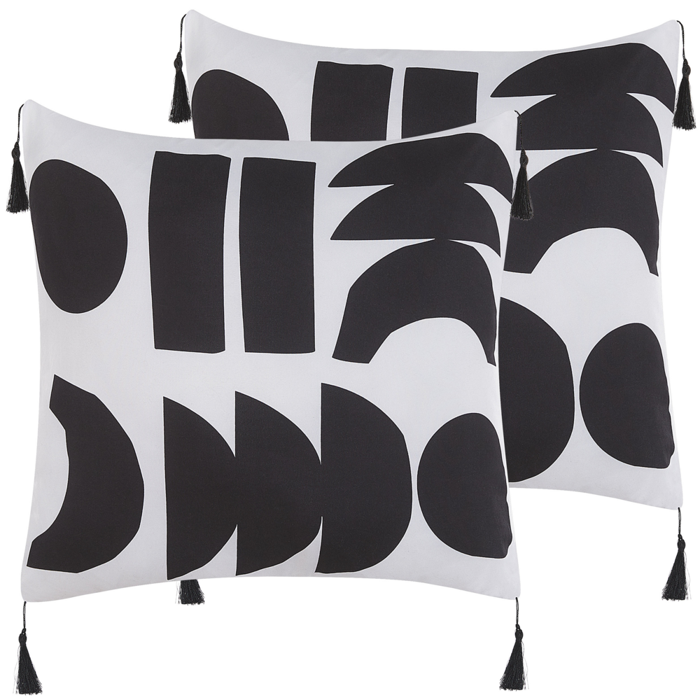 foto del prodotto set di 2 cuscini motivo geometrico nappe 45 x 45 cm bianco e nero