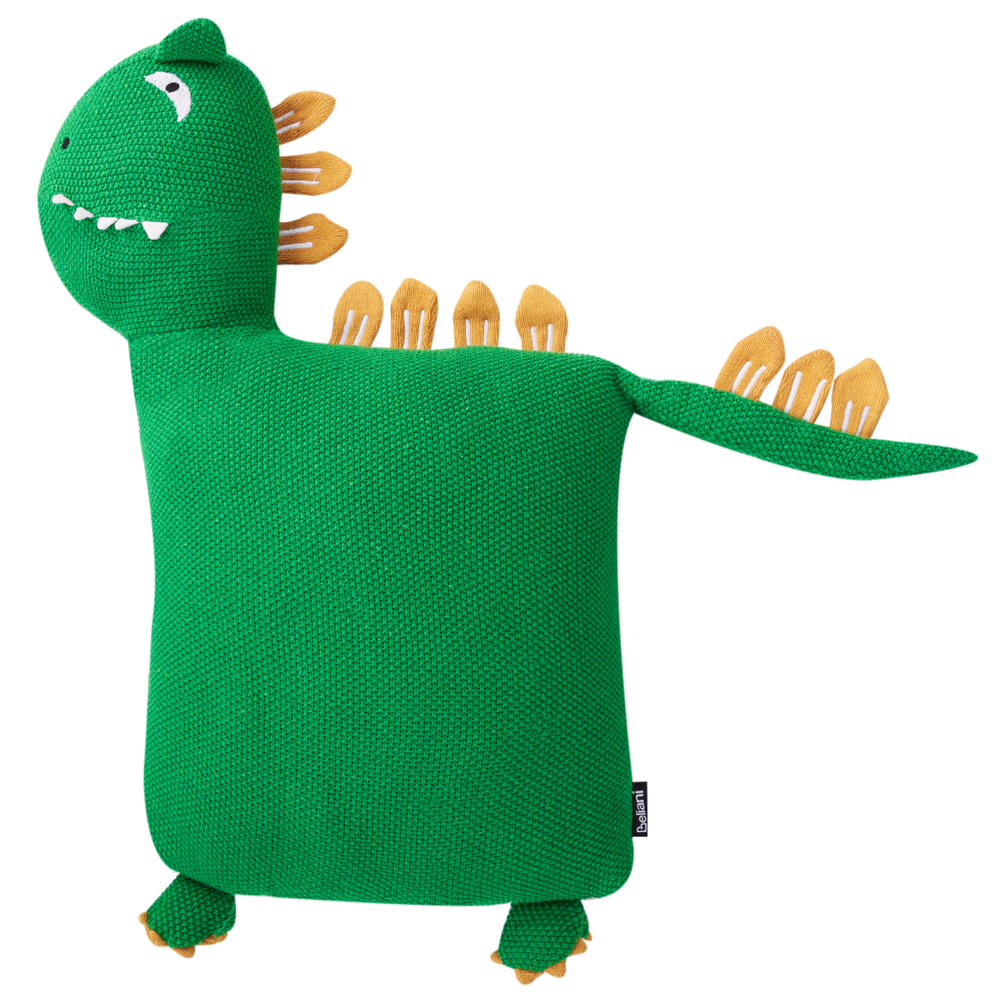 foto del prodotto set di 2 cuscini per bambini in tessuto di cotone verde a forma di dinosauro con imbottitura morbida e giocattolo per bambini