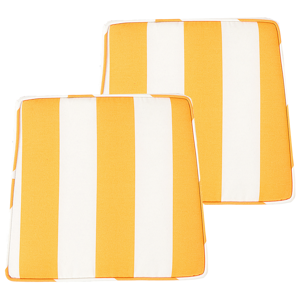 foto del prodotto set di 2 cuscini per sedia da giardino giallo bianco 37 x 34 cm motivo a strisce per esterno legami resistenti ai raggi uv