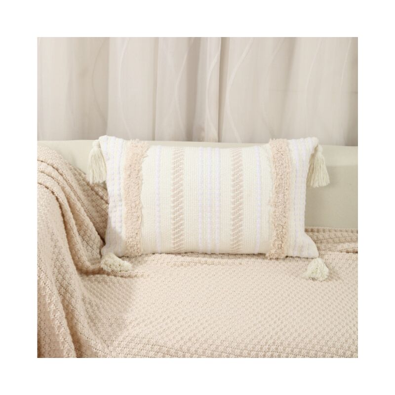 foto del prodotto set di 2 federe per cuscini boho beige da 30x50 cm con nappe trapuntate, federe per cuscini da lancio, decorazioni per la casa, per divano, letto,