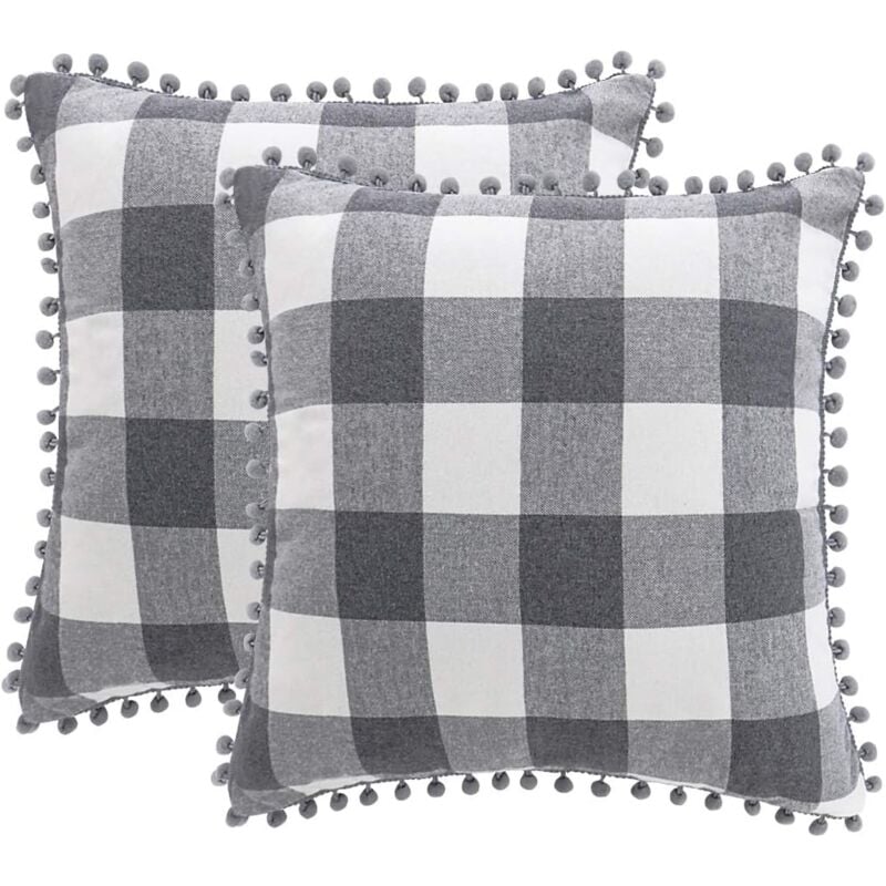 foto del prodotto set di 2 federe per cuscino a quadri federe per cuscino decorative con pompon federe per cuscino decorative 45x45cm con cerniera nascosta grigio e