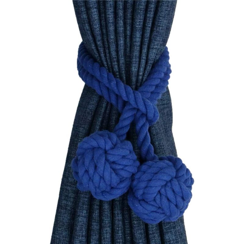 foto del prodotto set di 2 fermatende intrecciati a mano con nappa in corda di cotone a doppia palla blu