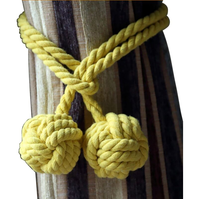 foto del prodotto set di 2 fermatende intrecciati a mano con nappa in corda di cotone a doppia pallina giallo