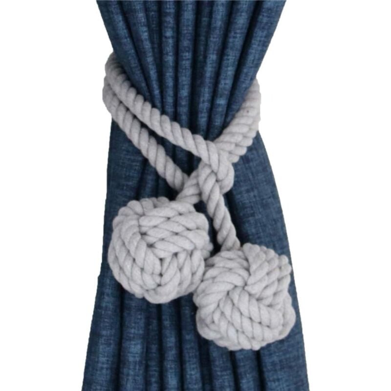 foto del prodotto set di 2 fermatende intrecciati a mano con nappa in corda di cotone a doppia pallina grigio