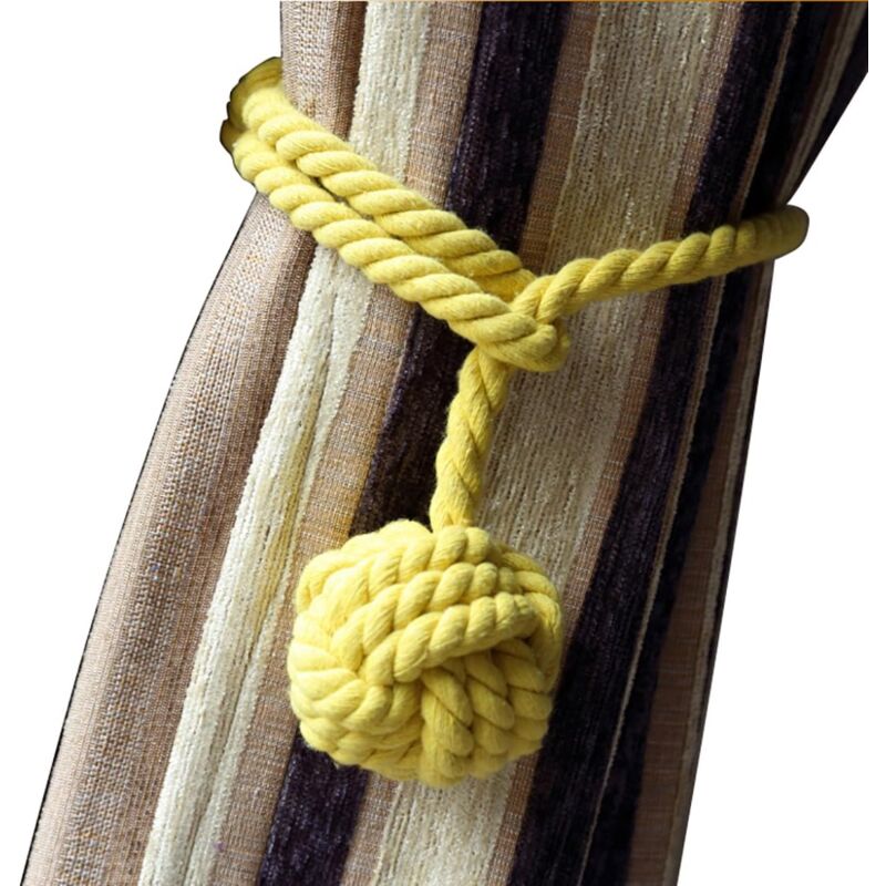 foto del prodotto set di 2 fermatende intrecciati a mano con nappa in corda di cotone a palla singola giallo