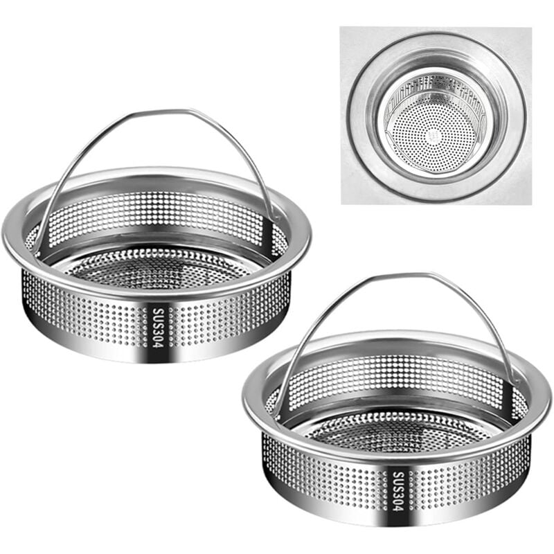 foto del prodotto set di 2 filtri per lavello da cucina, filtro per lavello in acciaio inossidabile con maniglia, diametro 7,7 cm, facile da pulire sollbry