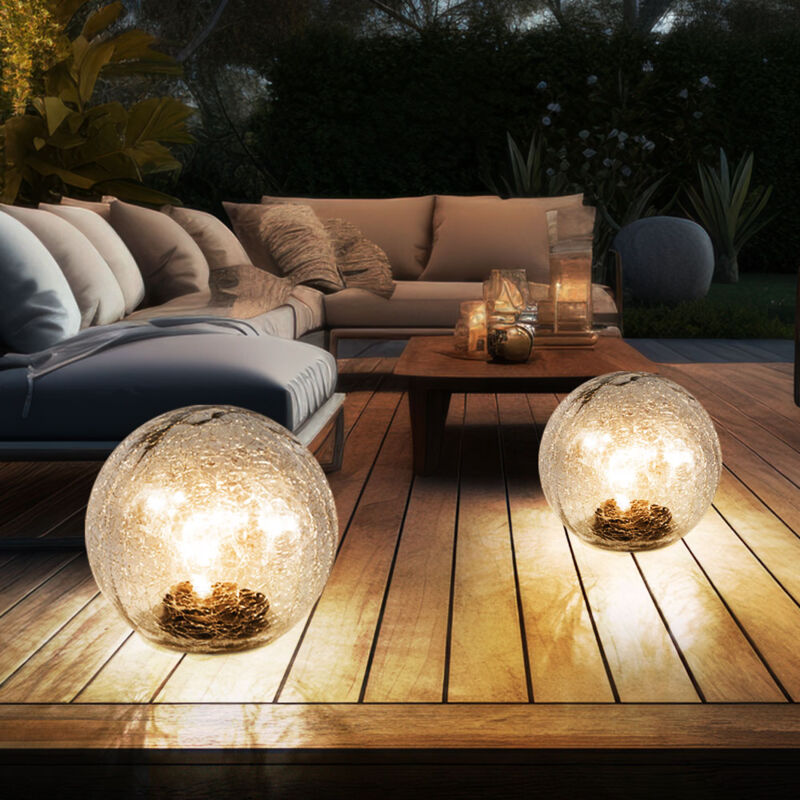 foto del prodotto set di 2 lampade a led a spina solare da esterno con luci a sfera da giardino in vetro chiaro