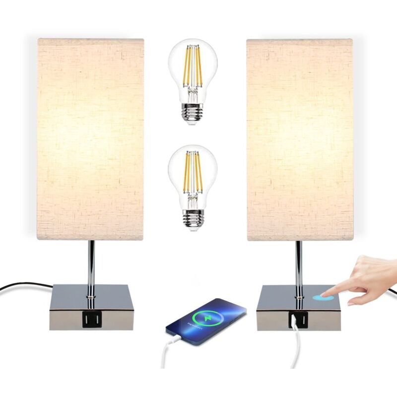 foto del prodotto set di 2 lampade da comodino touch moderna lampada da tavolo dimmerabile con porte usb e funzione di ricarica, con paralume in tessuto e attacco e27