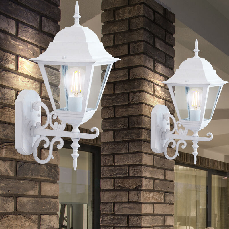 foto del prodotto set di 2 lanterne illuminazione a parete casa bianca giardino in stile antico vetro riflettori in alluminio nero e27