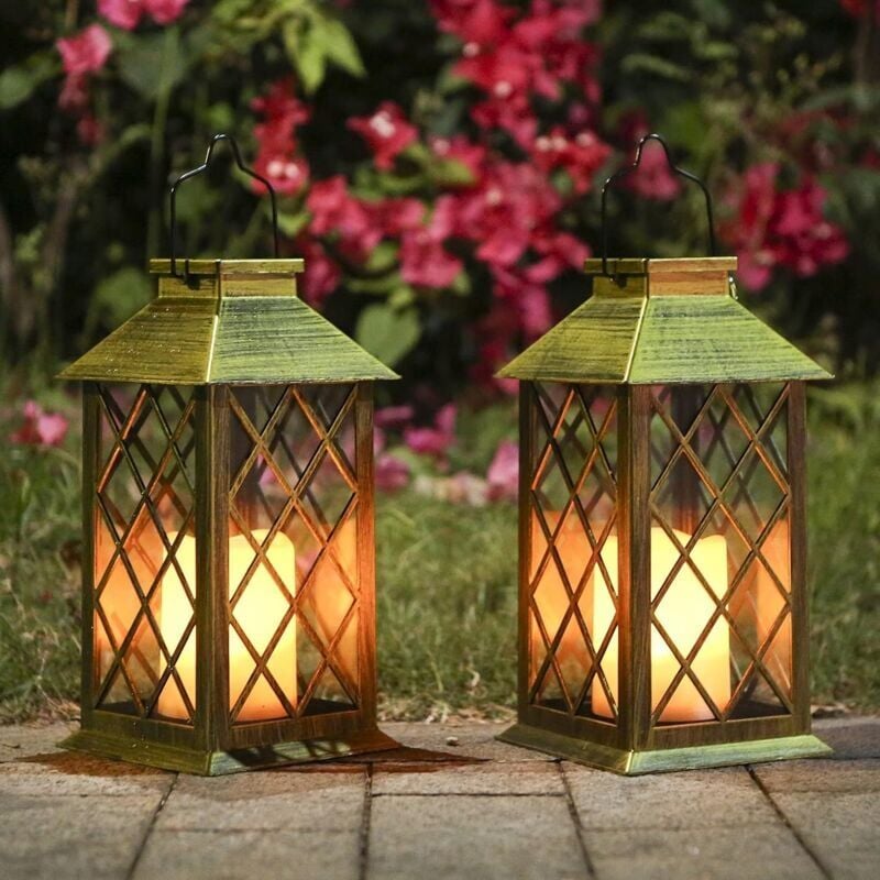 foto del prodotto set di 2 lanterne solari con effetto candela illuminazione solare per la decorazione del giardino esterno lanterna solare a forma di candela. classe