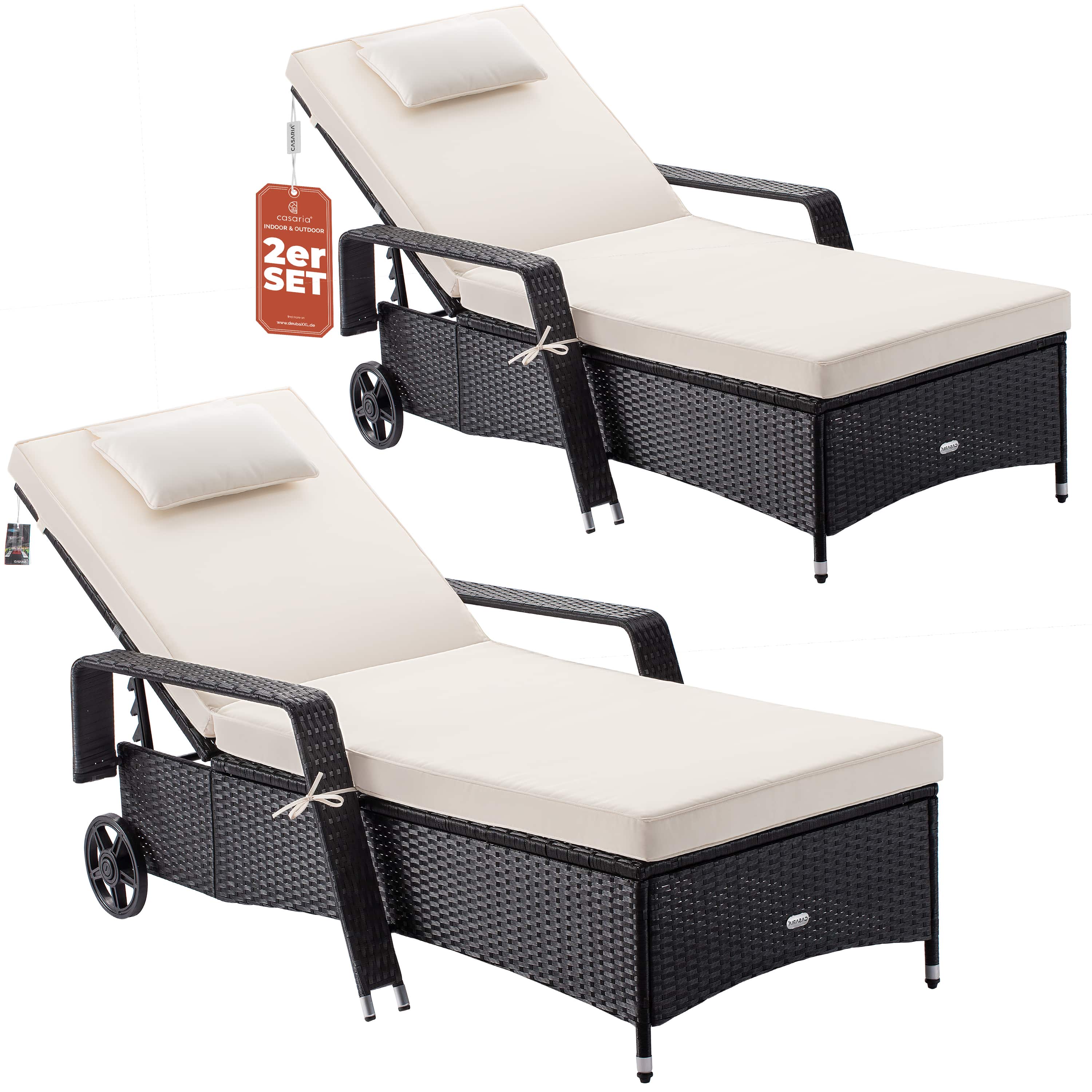 foto del prodotto set di 2 lettini in polyrattan nero crema 193x90x43cm