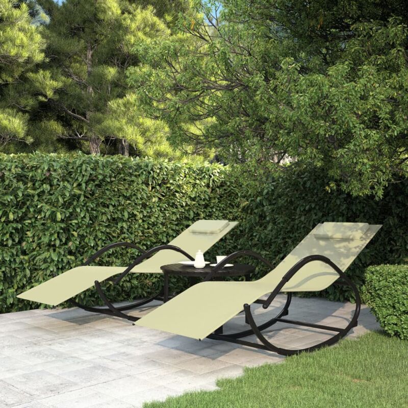 foto del prodotto set di 2 lettini prendisole a dondolo da giardino ,sedia a sdraio in acciaio e textilene crema itd19587