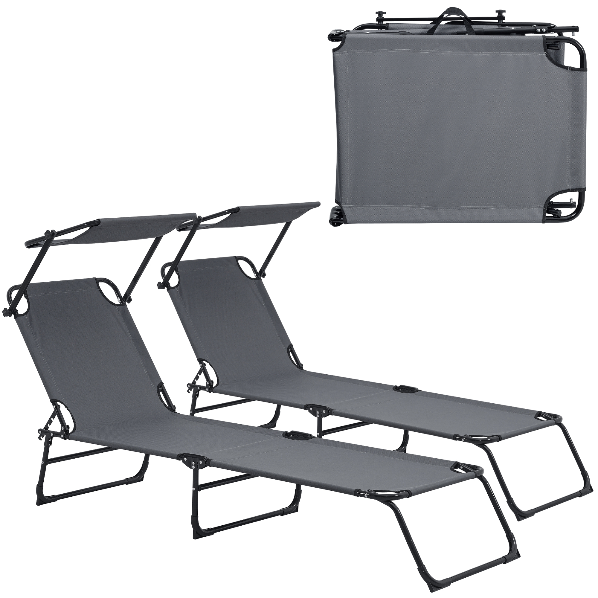 foto del prodotto set di 2 lettini prendisole lomeda con tettuccio parasole e schienale reclinabile grigio scuro casa.pro