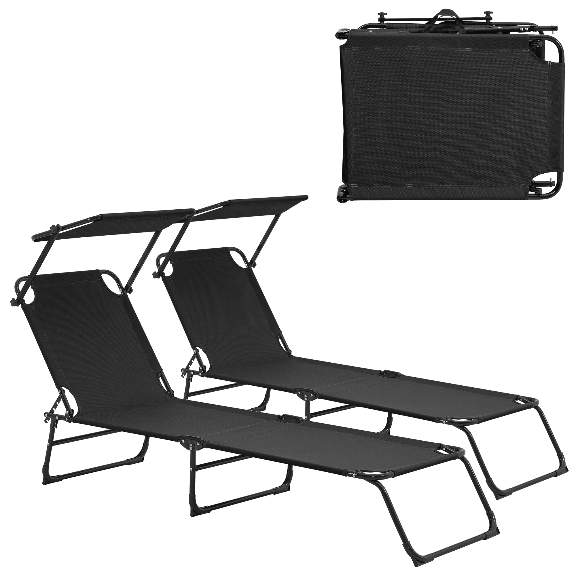foto del prodotto set di 2 lettini prendisole lomeda con tettuccio parasole e schienale reclinabile nero casa.pro