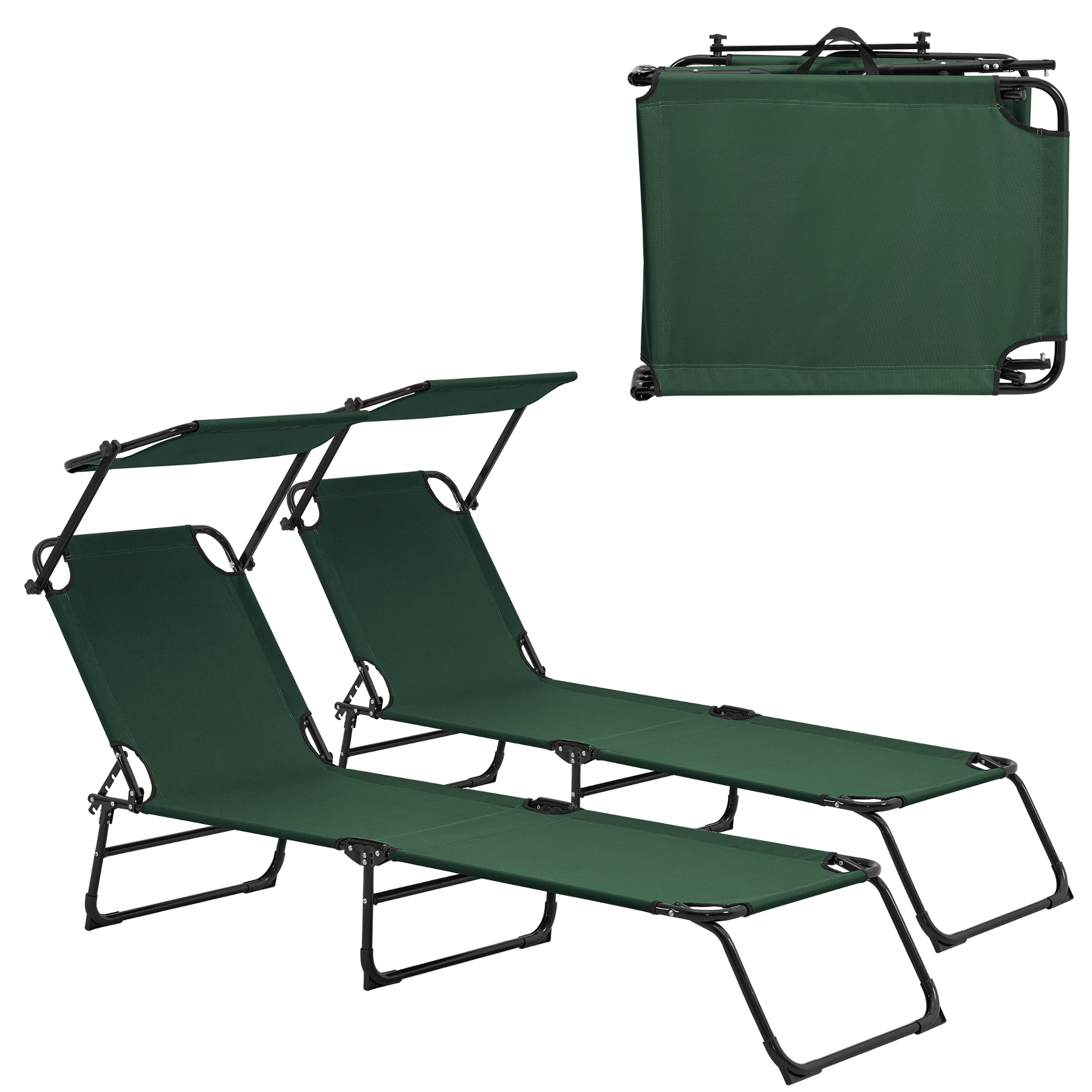 foto del prodotto set di 2 lettini prendisole lomeda con tettuccio parasole e schienale reclinabile verde scuro casa.pro