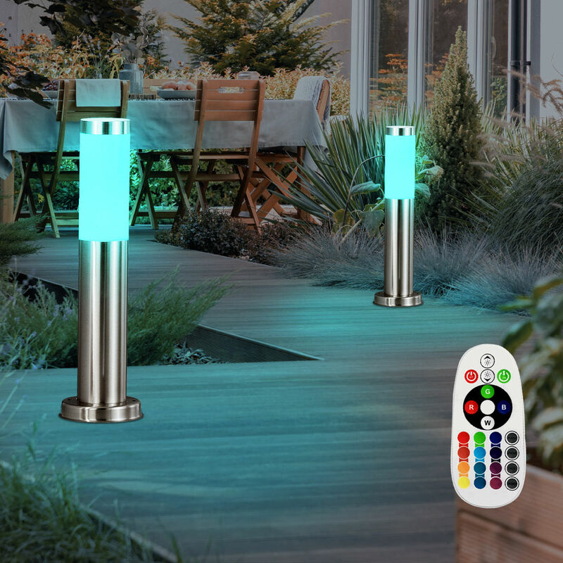 foto del prodotto set di 2 luci da esterno in acciaio inossidabile, lampade con telecomando dimmerabili in un set che include lampade a led rgb