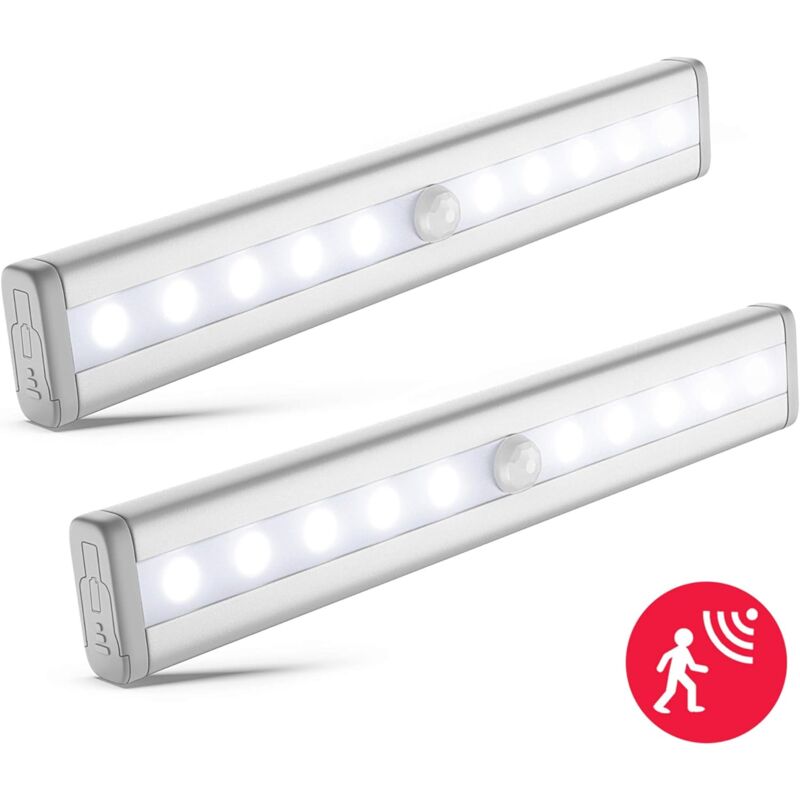 foto del prodotto set di 2 luci notturne a led con sensore di movimento, illuminazione per armadi, striscia led, autoadesiva, alimentata da batterie aaa non incluse ,