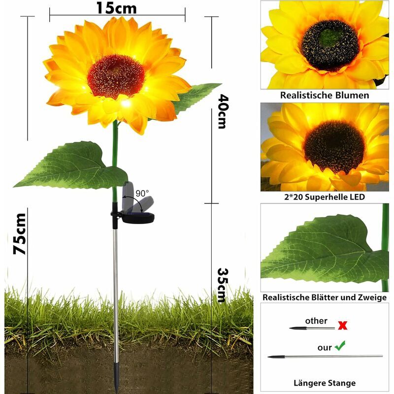 foto del prodotto set di 2 luci solari per la decorazione esterna, luci solari esterne, fiori, decorazione da giardino - lampada solare impermeabile - decorazione