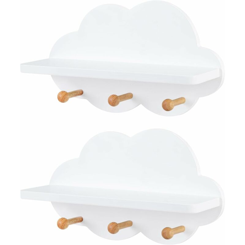 foto del prodotto set di 2 mensola a nuvola. mensola per cameretta dei bambini con 3 ganci. scaffale da muro portaoggetti per bimbi. decorazione da parete in legno.