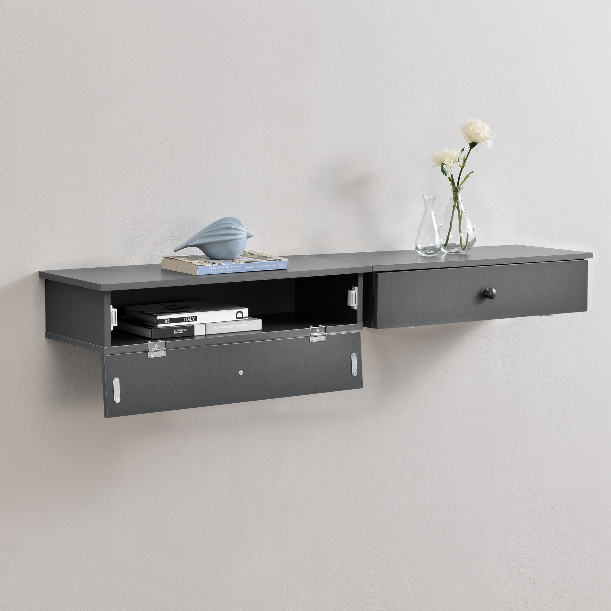 foto del prodotto set di 2 mensole da parete con scomparto chiuso 60 x 24 x 12,6 cm grigio scuro en.casa 