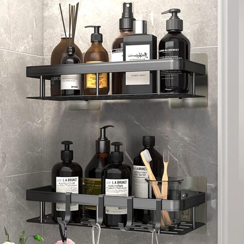 foto del prodotto set di 2 mensole doccia senza foratura, mensola bagno in alluminio con 4 ganci, supporto doccia autoadesivo, doccia per bagno cucina camera da letto