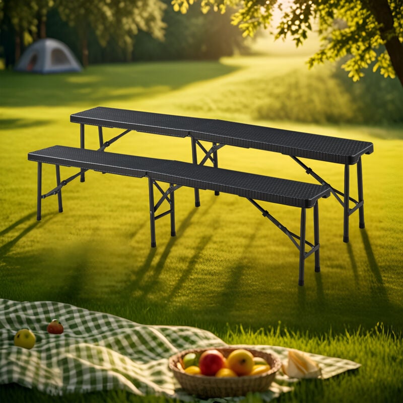 foto del prodotto set di 2 panche pieghevoli mark 180 x 25 x 43 cm nero effetto rattan en.casa 