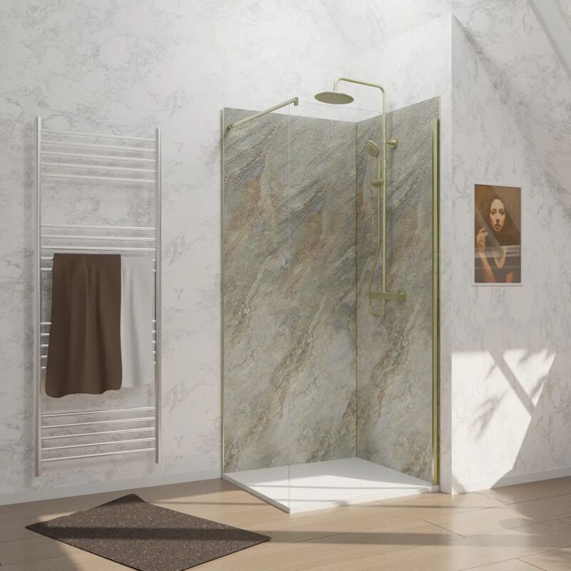 foto del prodotto set di 2 pannelli murali wood stone 90x210 cm profili oro spazzolato