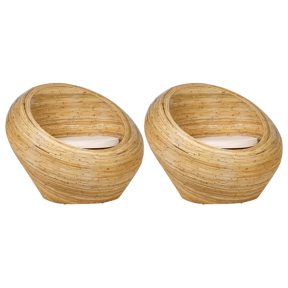 foto del prodotto set di 2 poltrone da giardino in rattan naturale con cuscini di seduta beige stile boho per interni e per esterni