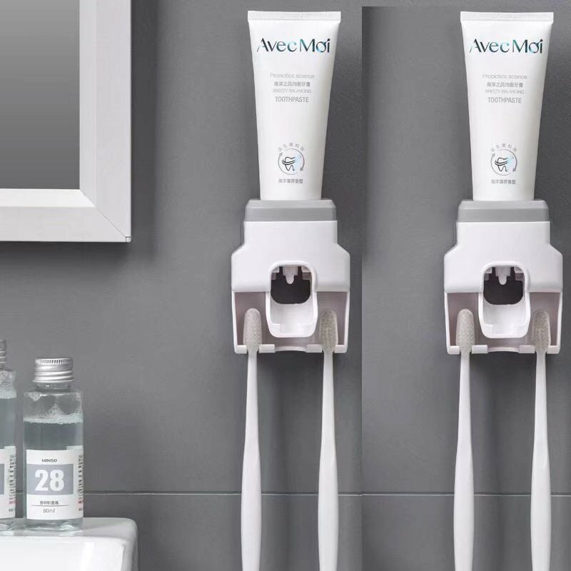 foto del prodotto set di 2 porta spazzolini da denti, dispenser di dentifricio a parete, set di accessori per il bagno con ruote grigio 