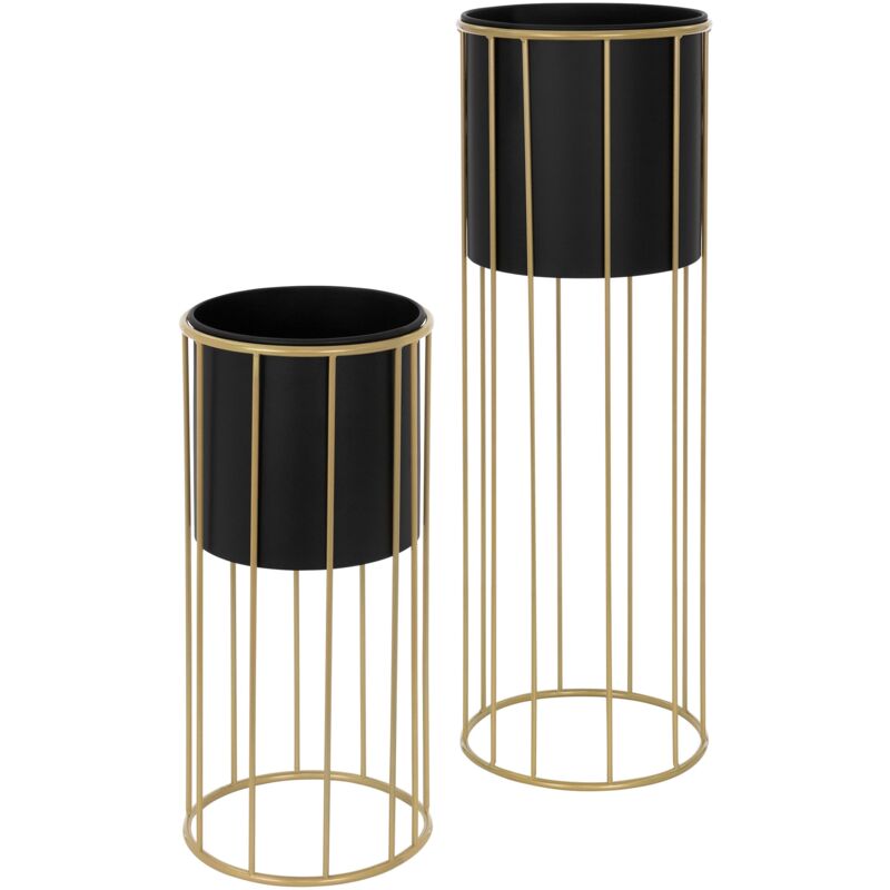 foto del prodotto set di 2 portafiori nero oro rotondo 21x46,7 24x70,5 cm in acciaio portafiori con fioriera porta piante in metallo porta vasi da fiori 2 pezzi