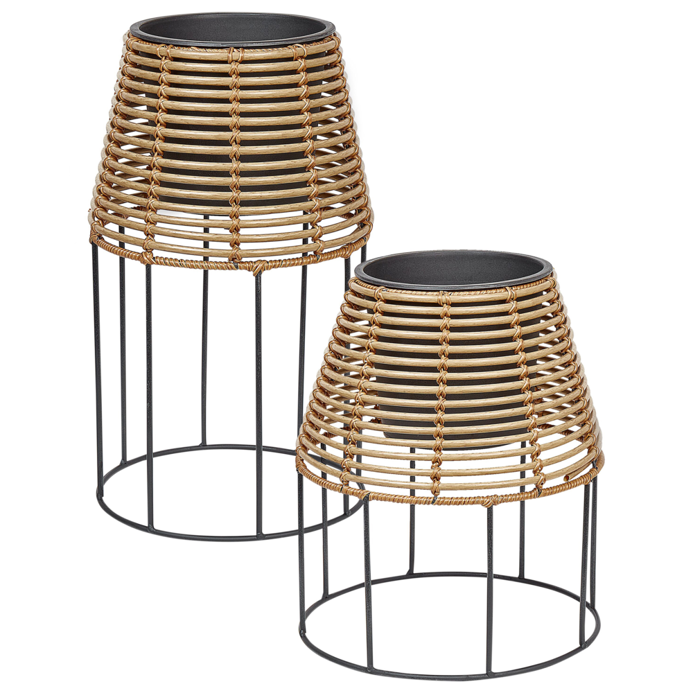 foto del prodotto set di 2 portavasi per piante marrone pe rattan rotondo per interni e per esterni con inserto in plastica