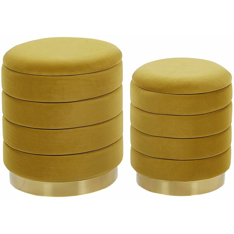 foto del prodotto set di 2 pouf contenitore con rivestimento in poliestere giallo base dorata garland