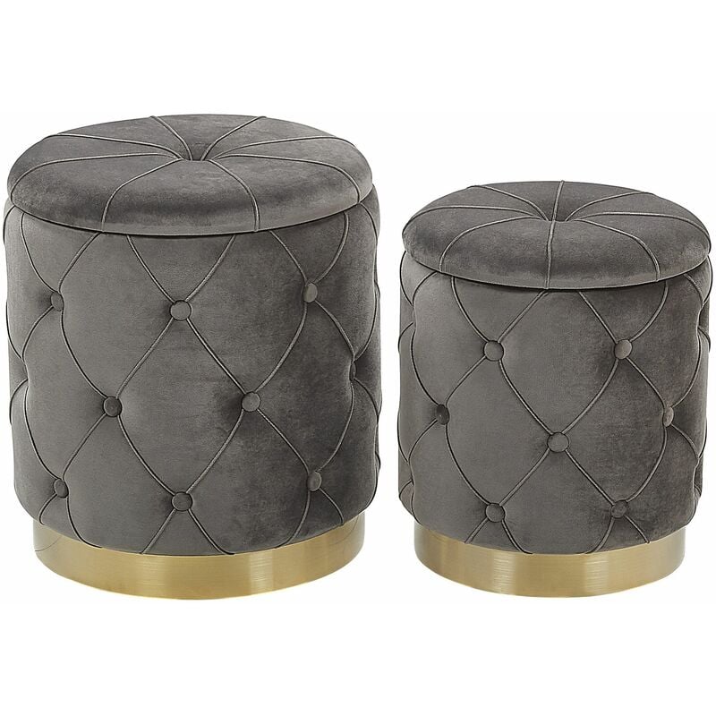 foto del prodotto set di 2 pouf contenitore poliestere grigi imbottitura trapuntata base oro pueblo