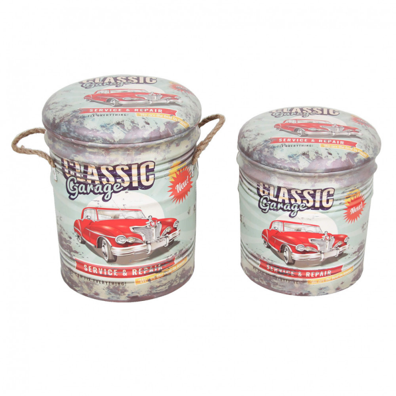 foto del prodotto set di 2 pouf contenitore tondo verde chiaro bianco