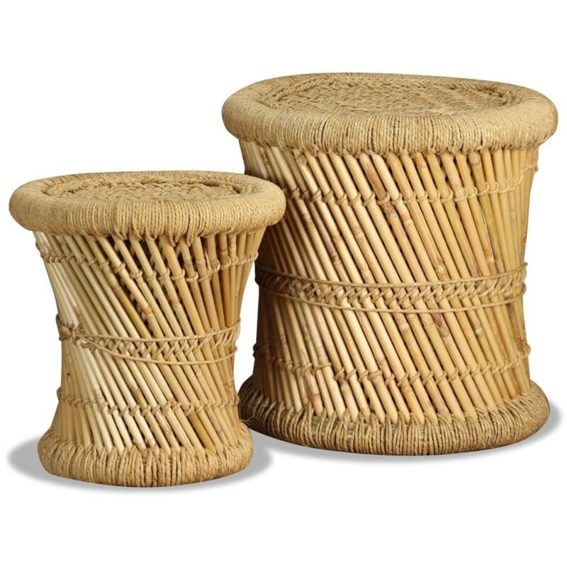 foto del prodotto set di 2 pouf dal design rustico con seduta e sgabello intrecciati in bamb e iuta marrone dec026402