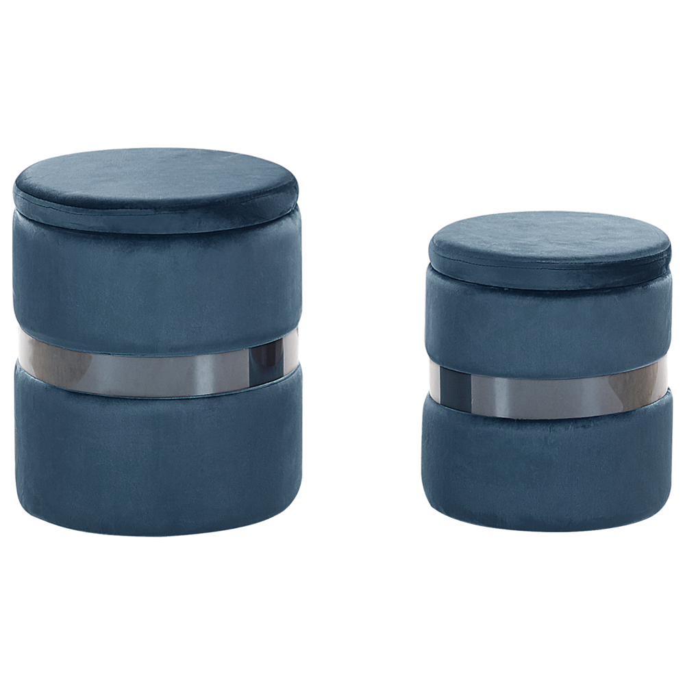 foto del prodotto set di 2 pouf portaoggetti in poliestere azzurro con rivestimento in velluto e poggiapiedi stile glam