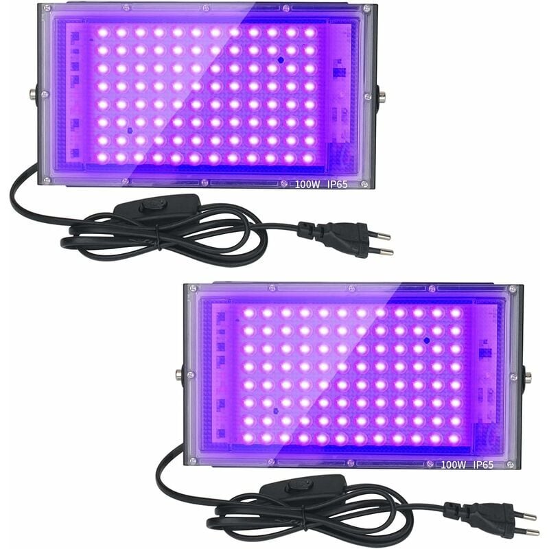 foto del prodotto set di 2 proiettori led uv 100w impermeabili ip65, illuminazione ultravioletta per acquario, feste, pittura fluorescente, poster fluorescenti, bar,