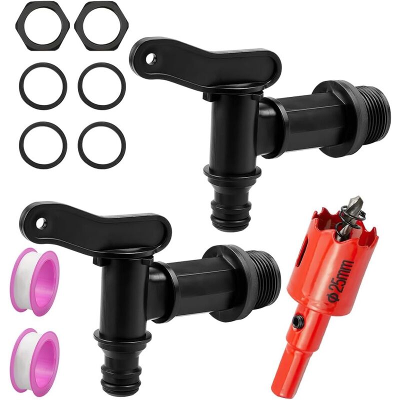 foto del prodotto set di 2 rubinetti per serbatoio in plastica, rubinetto per raccolta acqua piovana, adattatore per rubinetto per tubo per irrigazione, rubinetto di