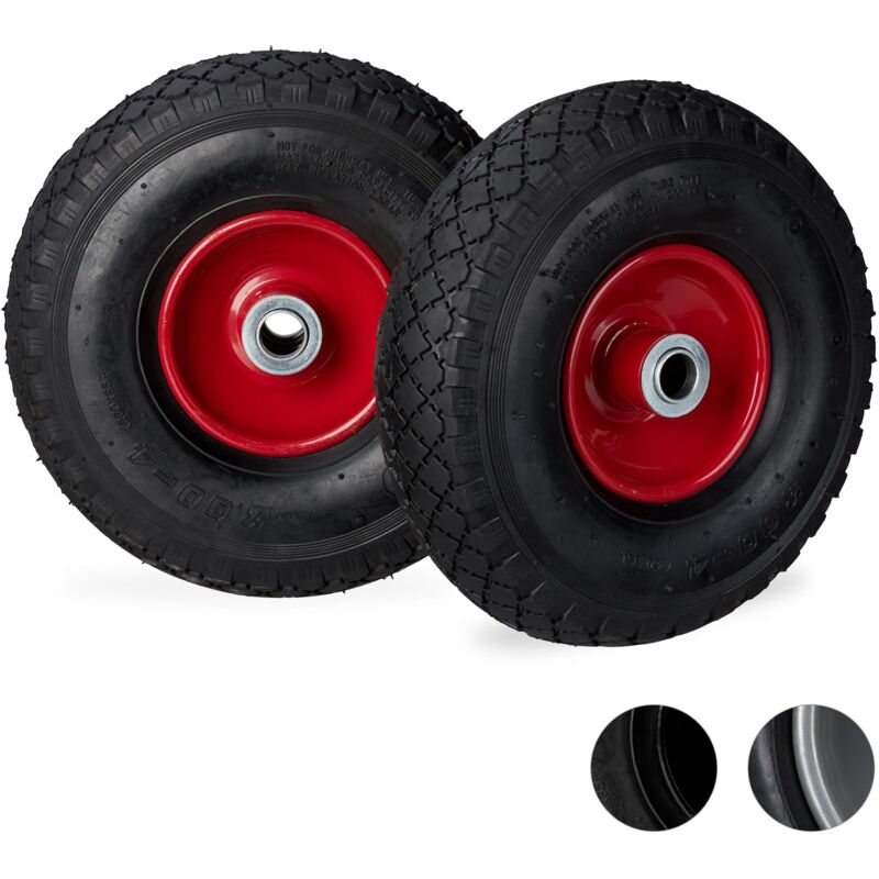 foto del prodotto set di 2 ruote 3.00 4 per carriola, ad aria, 260x85 mm, cerchione in acciaio, max.100 kg, nero rosso relaxdays
