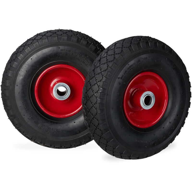foto del prodotto set di 2 ruote 3.00 4 per carriola, ad aria, 260x85 mm, cerchione in acciaio, max.100 kg, nero rosso relaxdays