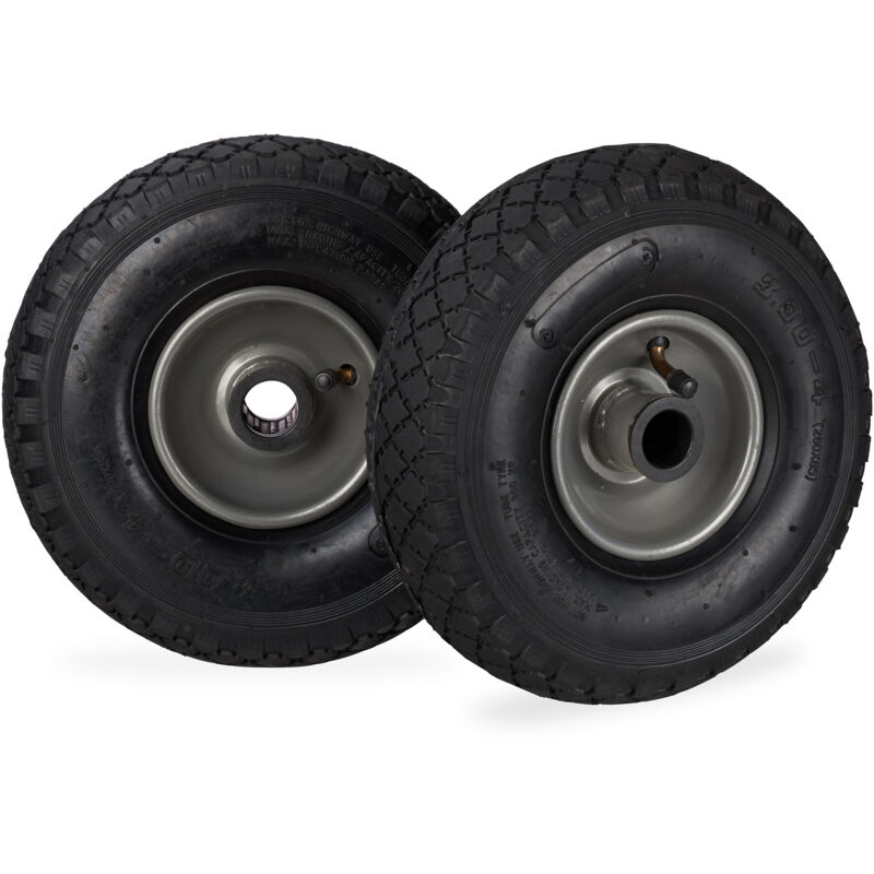 foto del prodotto set di 2 ruote per carriola, ruota completa ad aria 3.00 4 con cerchione in acciaio, asse d 25mm, nero grigio relaxdays