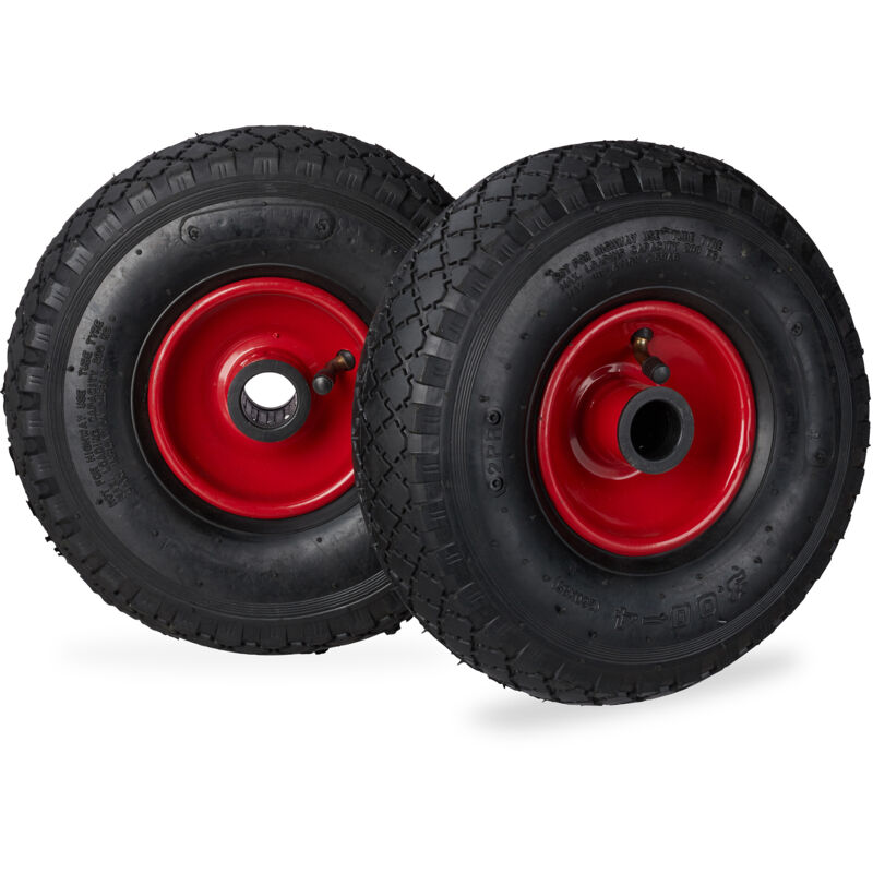 foto del prodotto set di 2 ruote per carriola, ruota completa ad aria 3.00 4 con cerchione in acciaio, asse d 25mm, nero rosso relaxdays